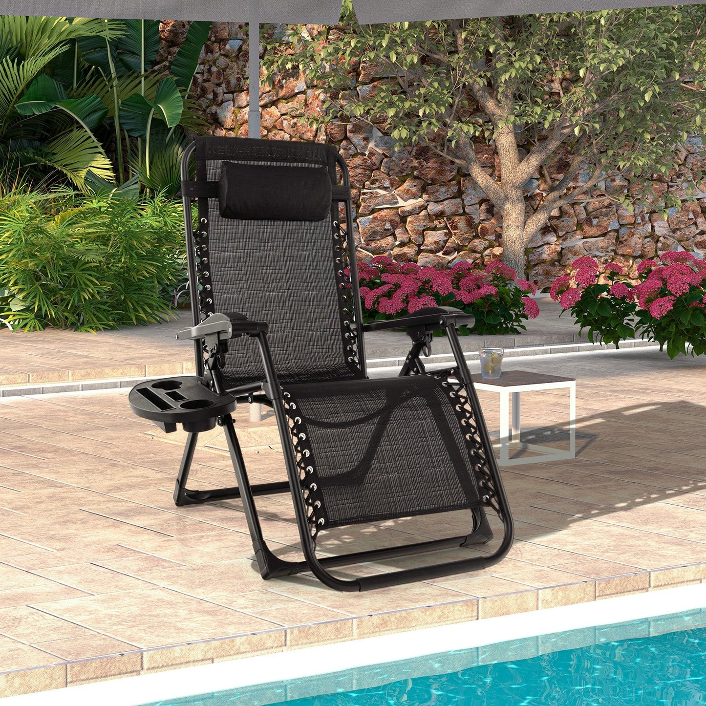 Adjustable Metal Zero Gravity Lounge Chair with Removable Cushion and Cup Holder Tray, Black Outdoor Chaise Lounges   at Gallery Canada