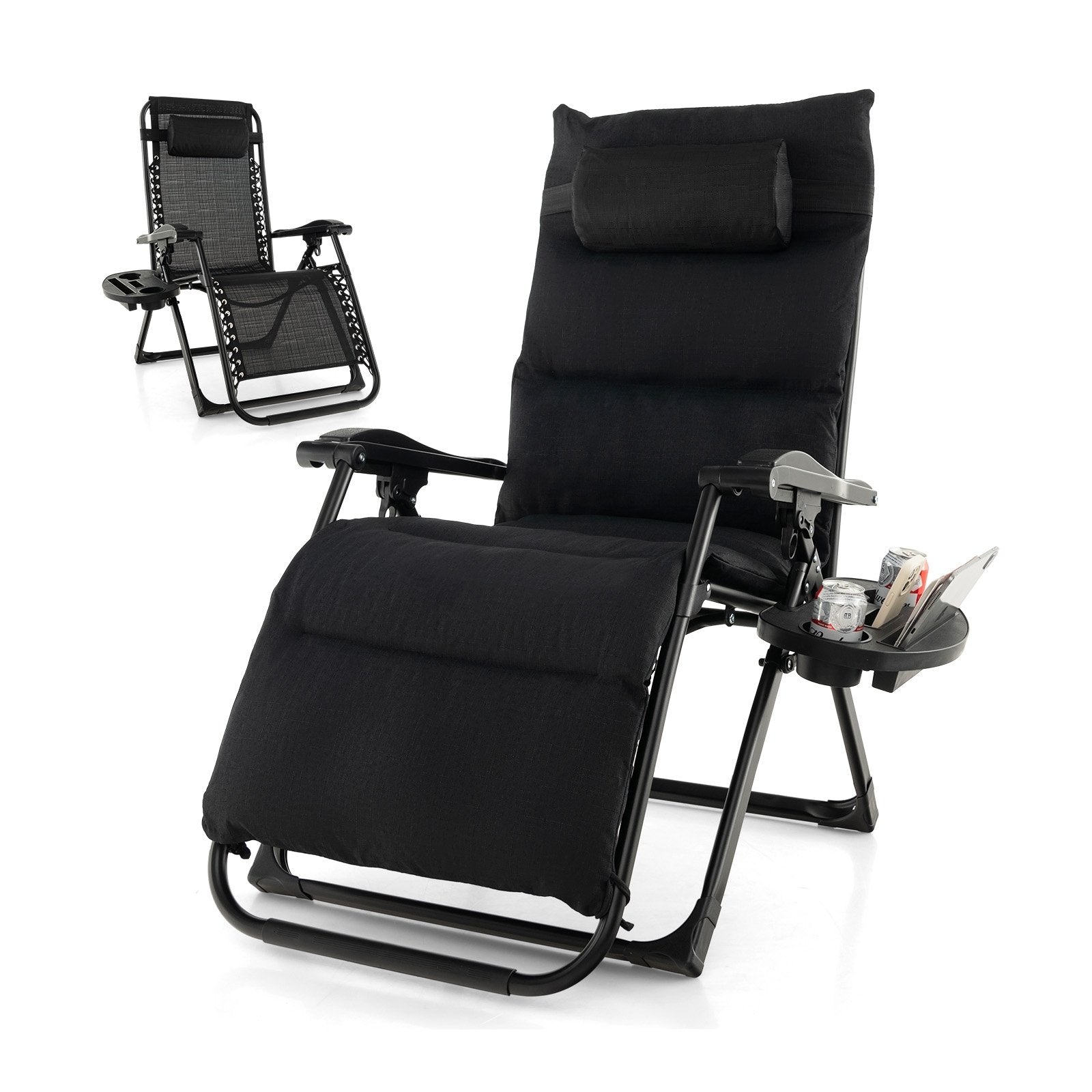 Adjustable Metal Zero Gravity Lounge Chair with Removable Cushion and Cup Holder Tray, Black Outdoor Chaise Lounges   at Gallery Canada