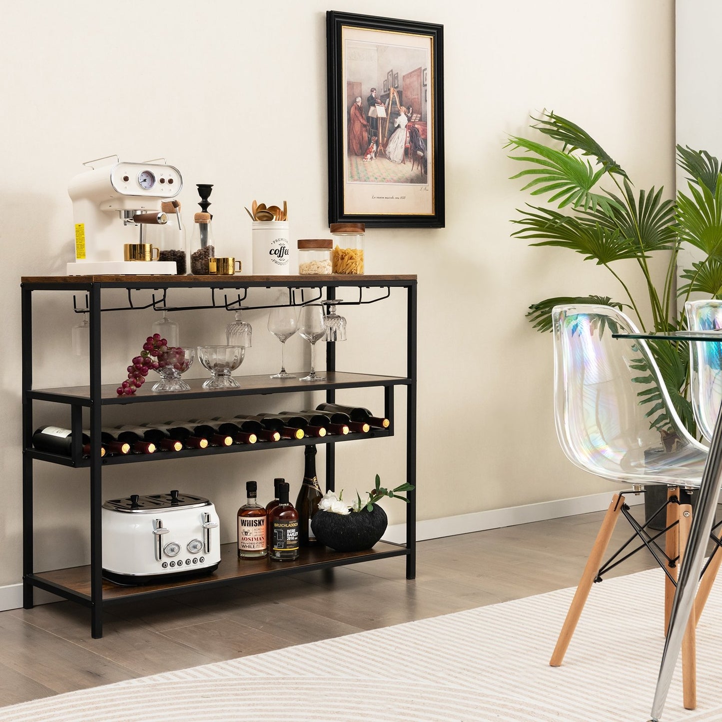 Wine Rack Table With 4 Rows of Glass Holders, Rustic Brown Wine Racks   at Gallery Canada