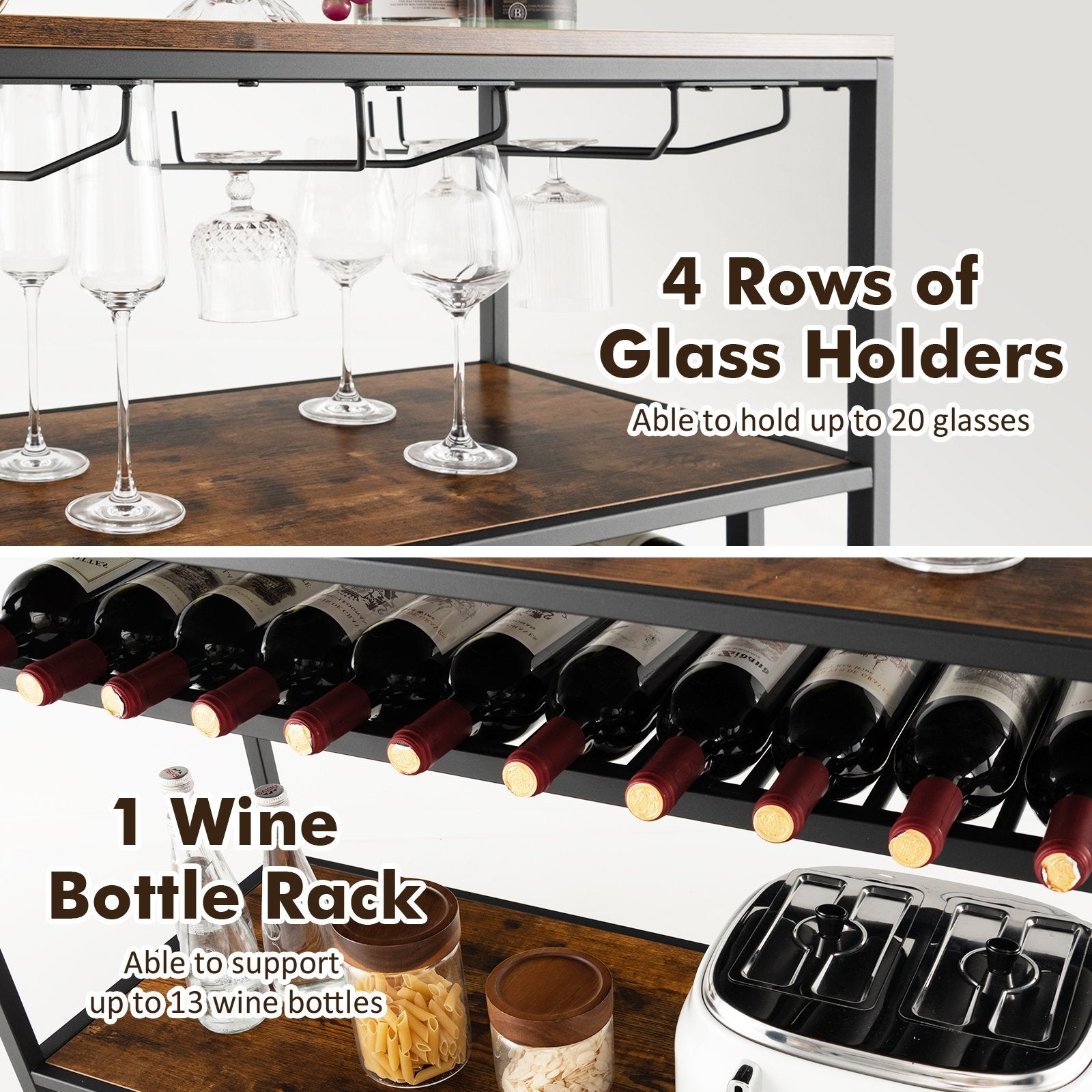 Wine Rack Table With 4 Rows of Glass Holders, Rustic Brown Wine Racks   at Gallery Canada