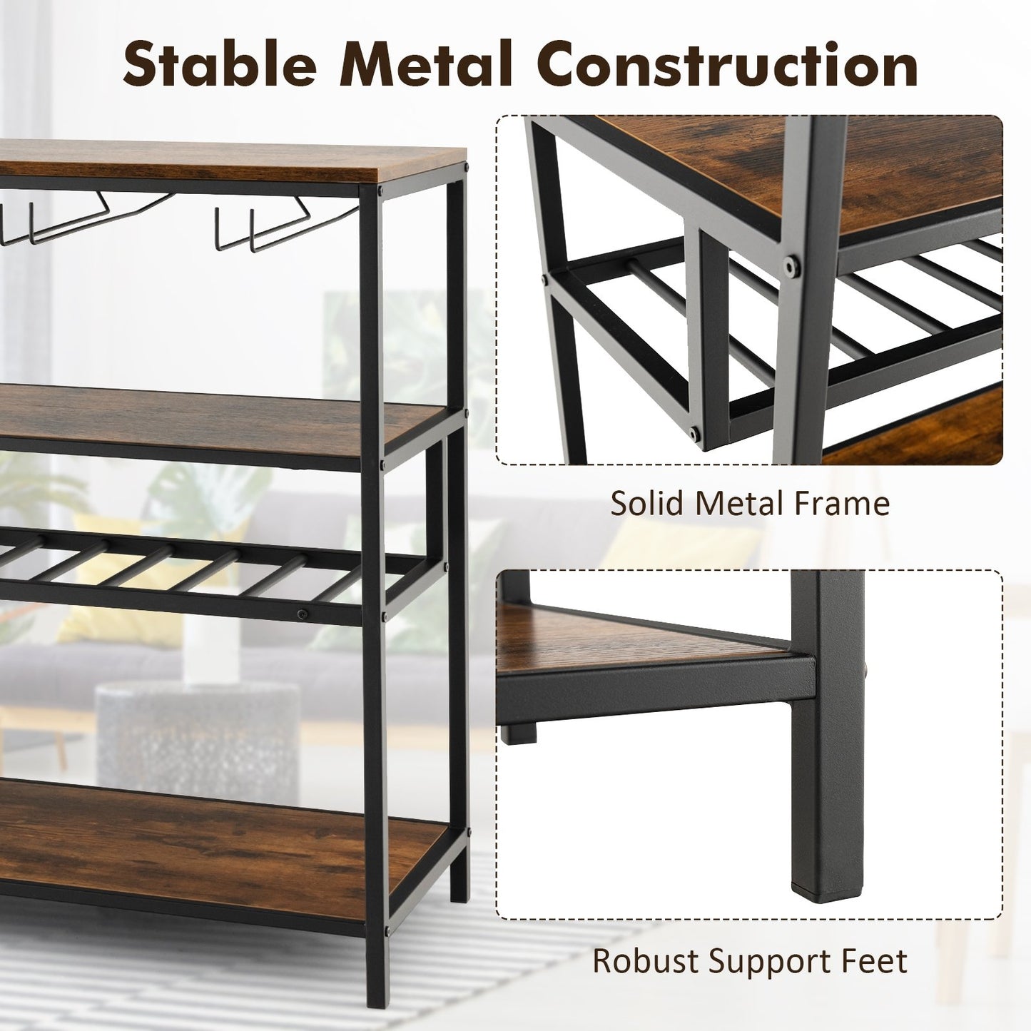 Wine Rack Table With 4 Rows of Glass Holders, Rustic Brown Wine Racks   at Gallery Canada