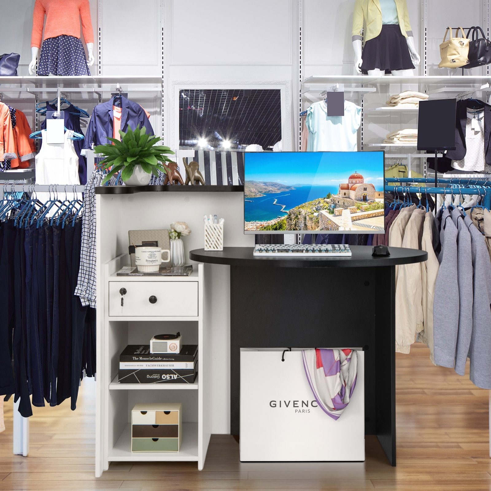 Front Reception Office Desk with Open Shelf and Lockable Drawer, Black & White - Gallery Canada