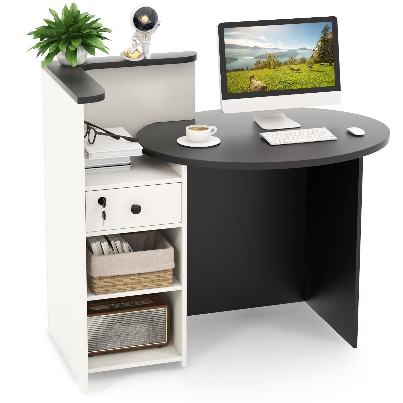 Front Reception Office Desk with Open Shelf and Lockable Drawer, Black & White Corner Desks   at Gallery Canada