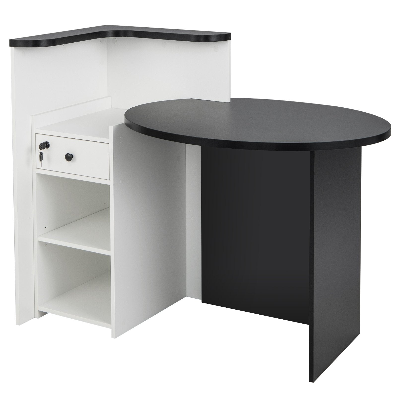 Front Reception Office Desk with Open Shelf and Lockable Drawer, Black & White Corner Desks   at Gallery Canada