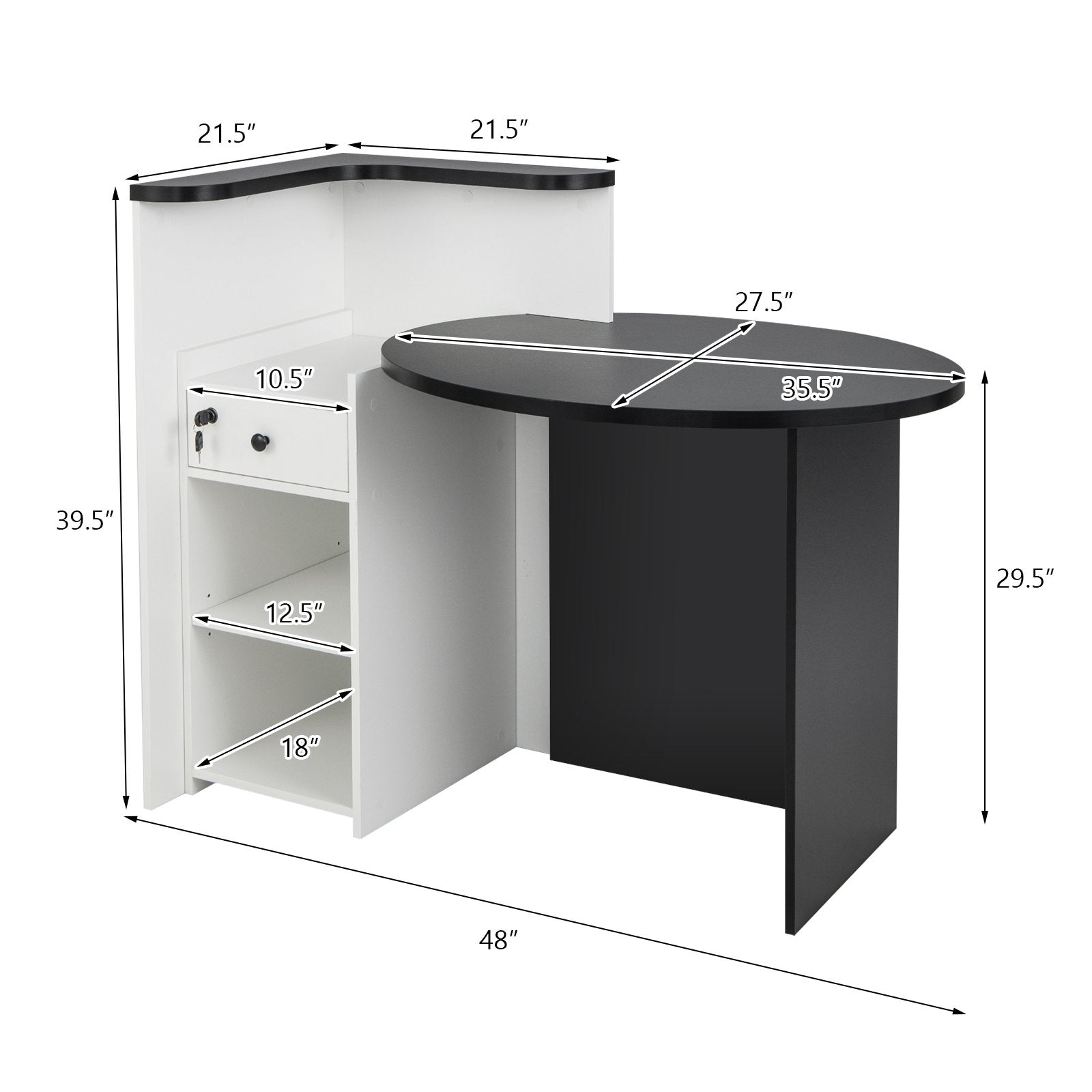 Front Reception Office Desk with Open Shelf and Lockable Drawer, Black & White Corner Desks   at Gallery Canada