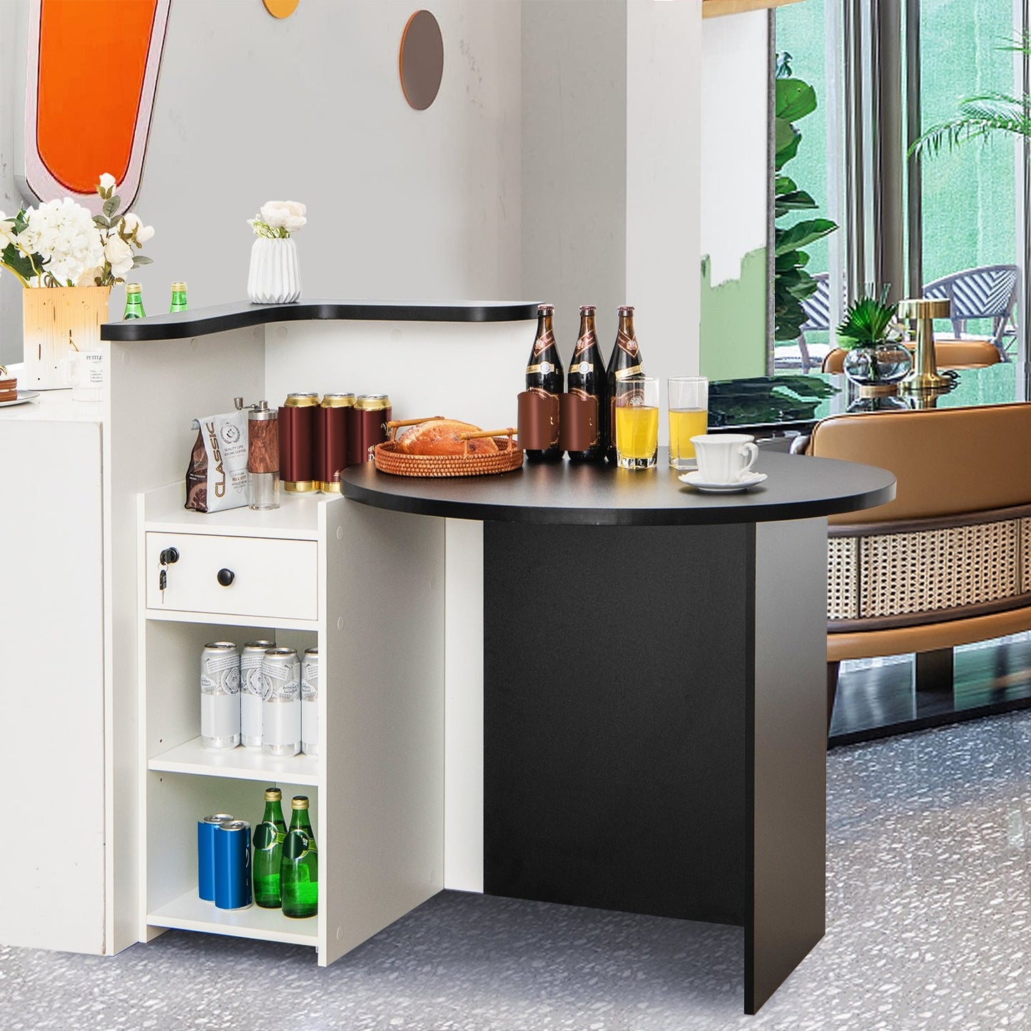 Front Reception Office Desk with Open Shelf and Lockable Drawer, Black & White - Gallery Canada