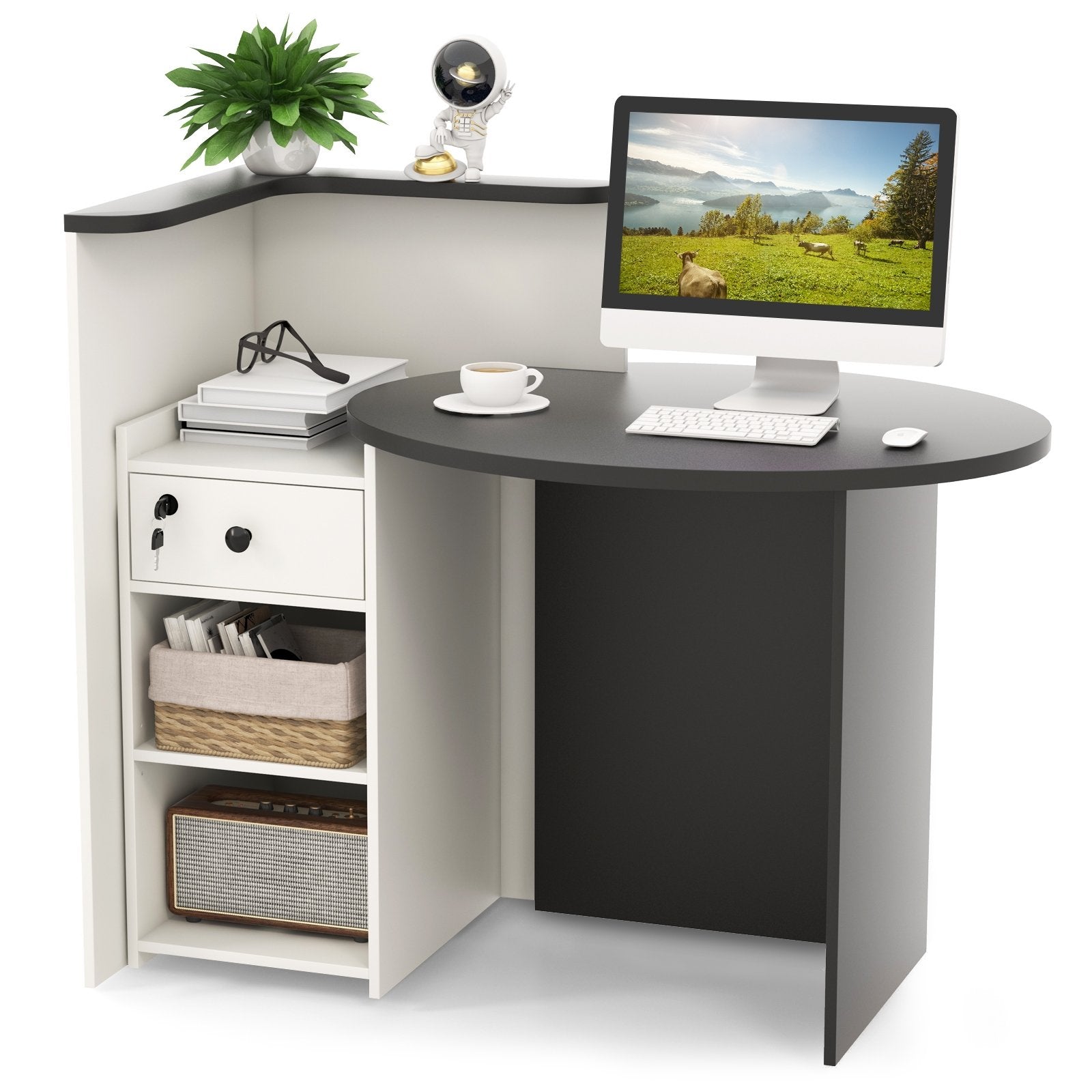 Front Reception Office Desk with Open Shelf and Lockable Drawer, Black & White Corner Desks   at Gallery Canada