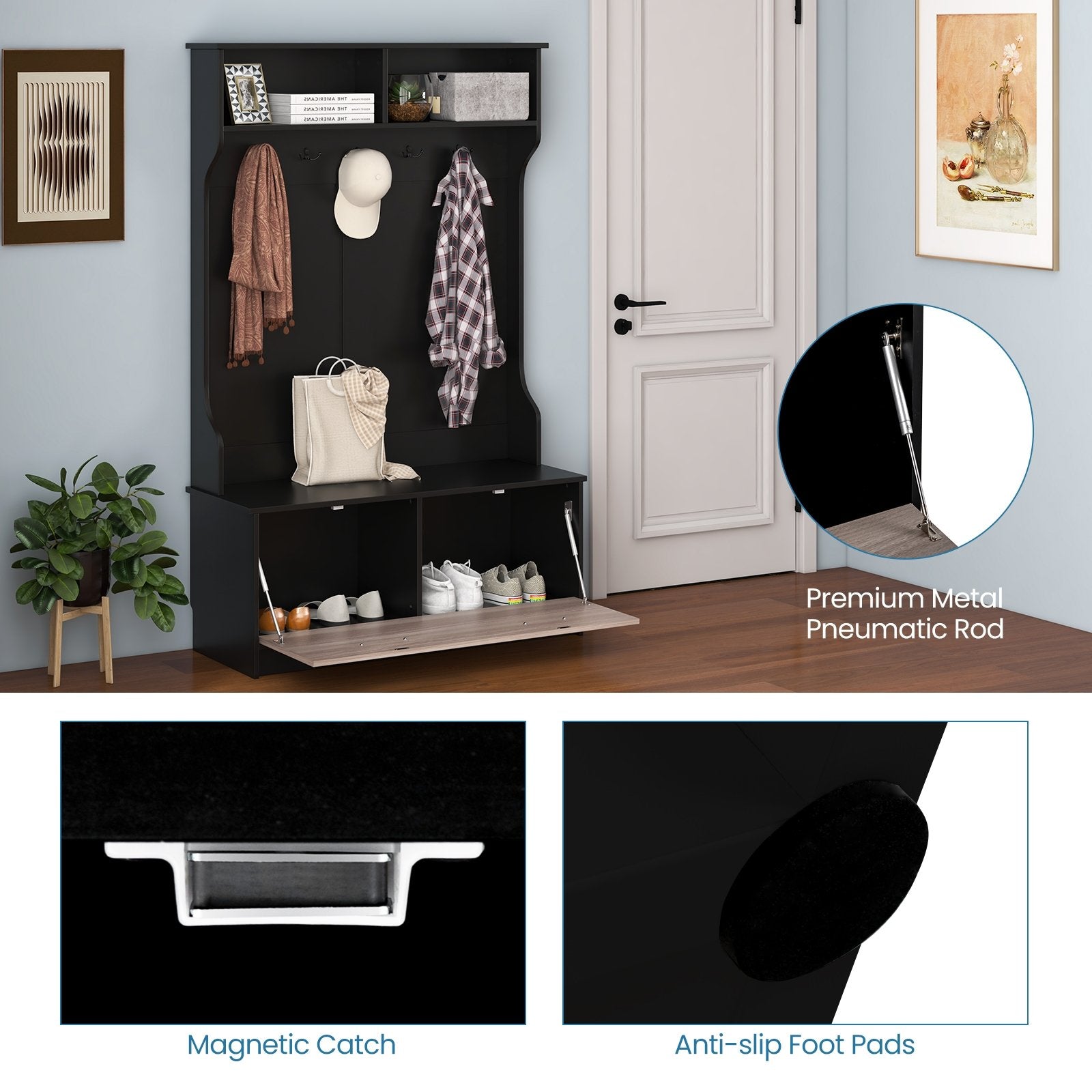 3 in 1 Coat Rack with Entryway Bench and Hooks and Enclosed Cabinet, Black Coat Racks & Hall Trees   at Gallery Canada