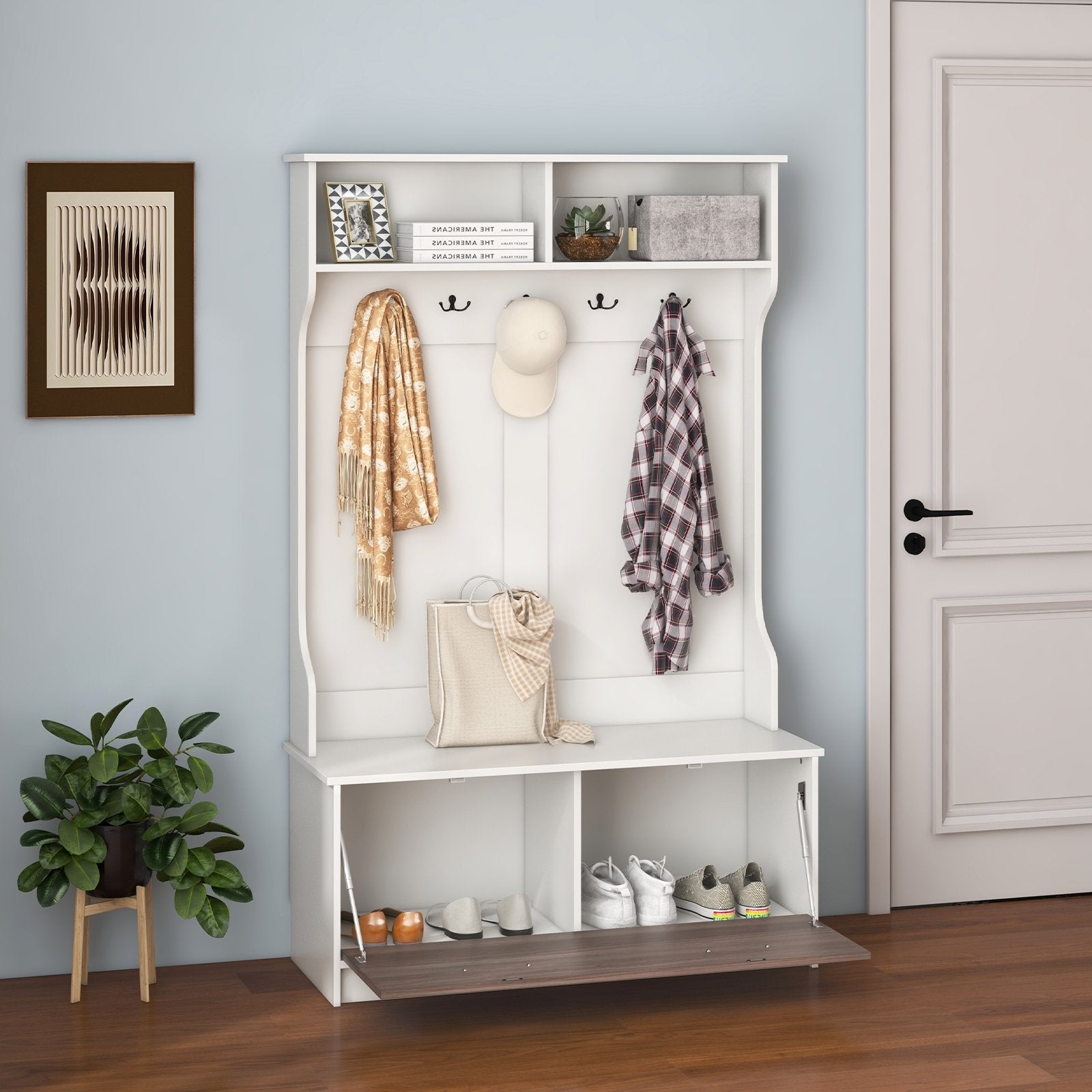 3 in 1 Coat Rack with Entryway Bench and Hooks and Enclosed Cabinet, White Coat Racks & Hall Trees   at Gallery Canada