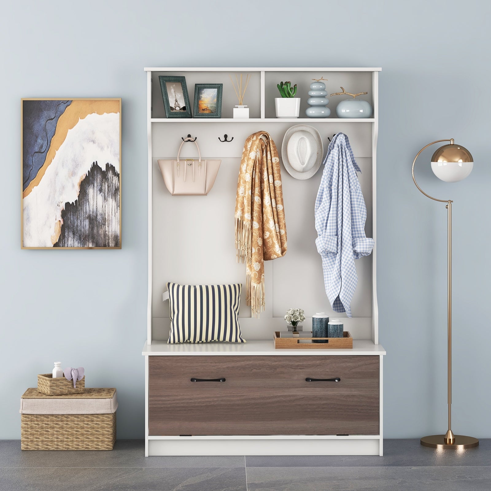 3 in 1 Coat Rack with Entryway Bench and Hooks and Enclosed Cabinet, White Coat Racks & Hall Trees at Gallery Canada