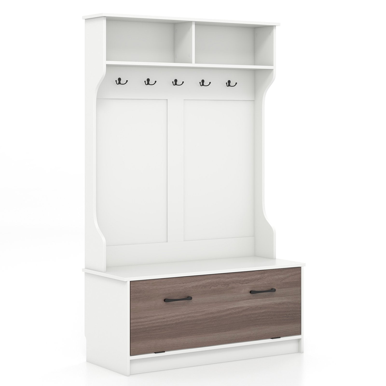 3 in 1 Coat Rack with Entryway Bench and Hooks and Enclosed Cabinet, White Coat Racks & Hall Trees   at Gallery Canada