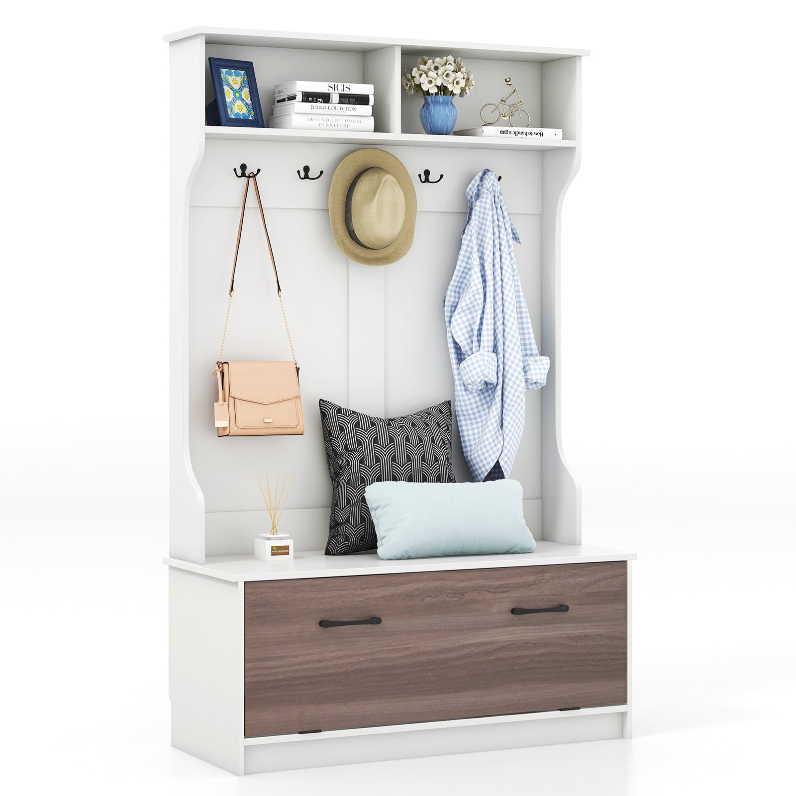 3 in 1 Coat Rack with Entryway Bench and Hooks and Enclosed Cabinet, White Coat Racks & Hall Trees at Gallery Canada