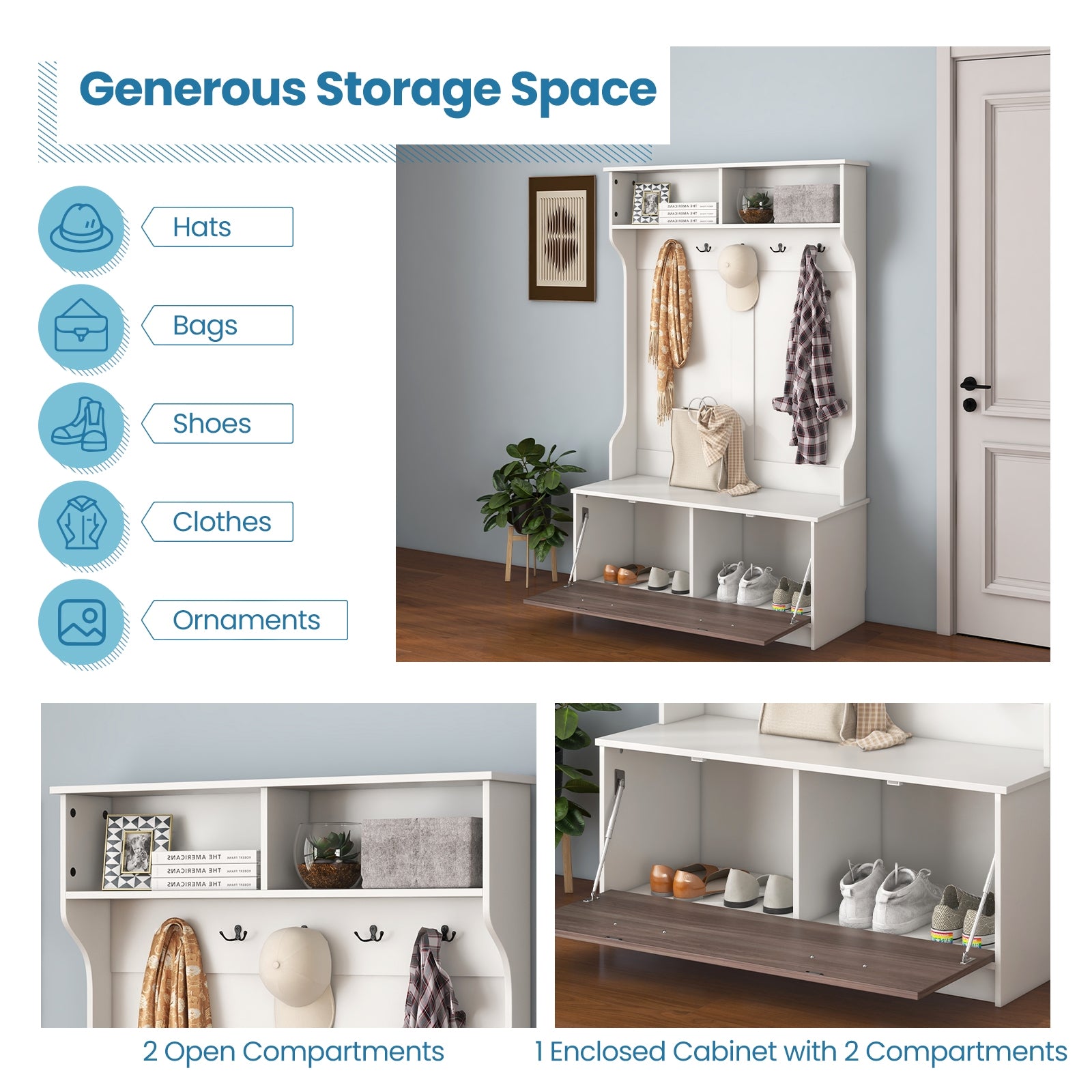 3 in 1 Coat Rack with Entryway Bench and Hooks and Enclosed Cabinet, White Coat Racks & Hall Trees at Gallery Canada