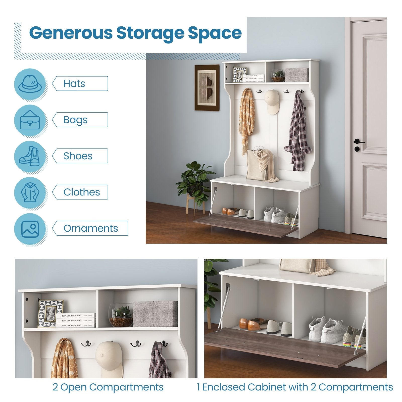 3 in 1 Coat Rack with Entryway Bench and Hooks and Enclosed Cabinet, White Coat Racks & Hall Trees   at Gallery Canada