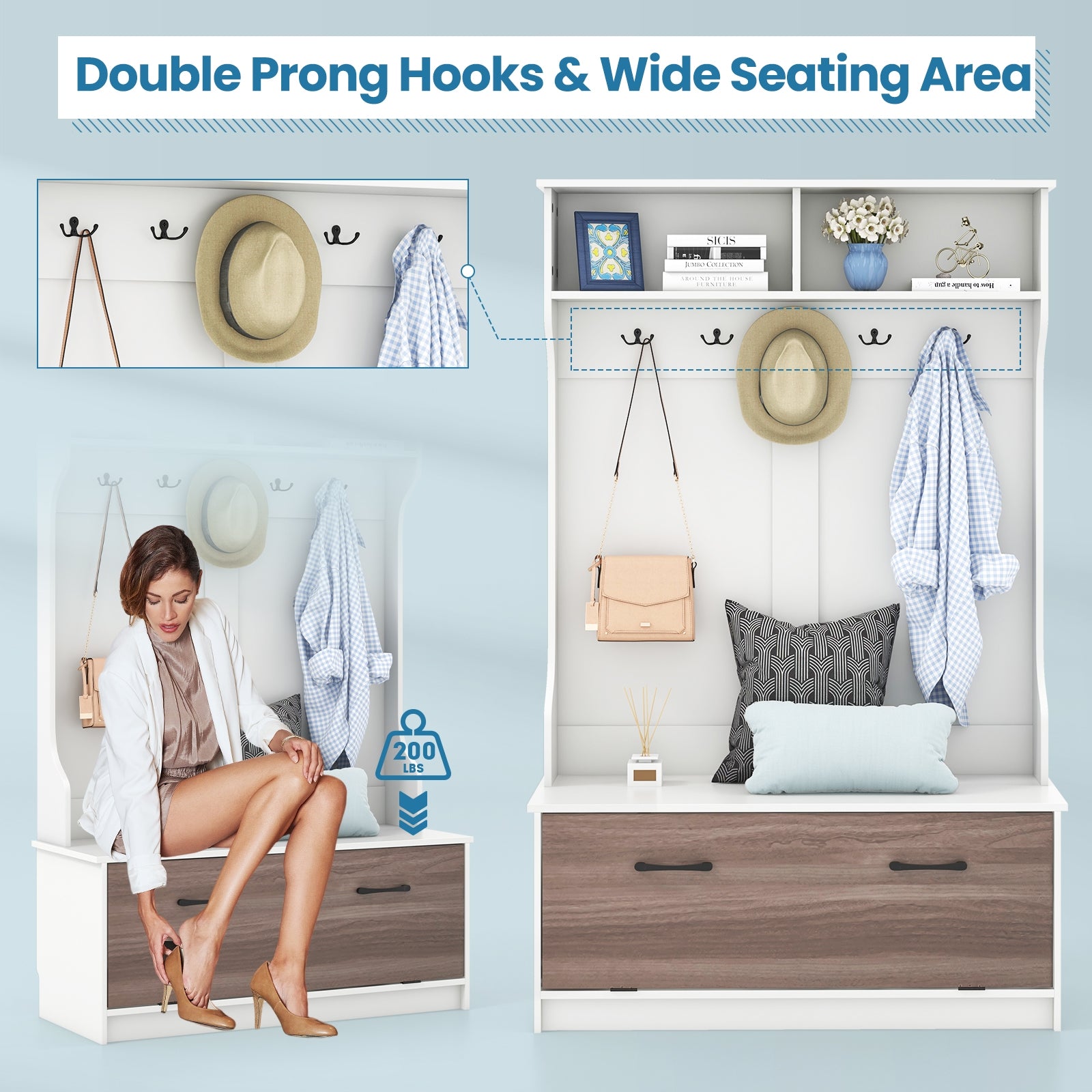 3 in 1 Coat Rack with Entryway Bench and Hooks and Enclosed Cabinet, White Coat Racks & Hall Trees at Gallery Canada