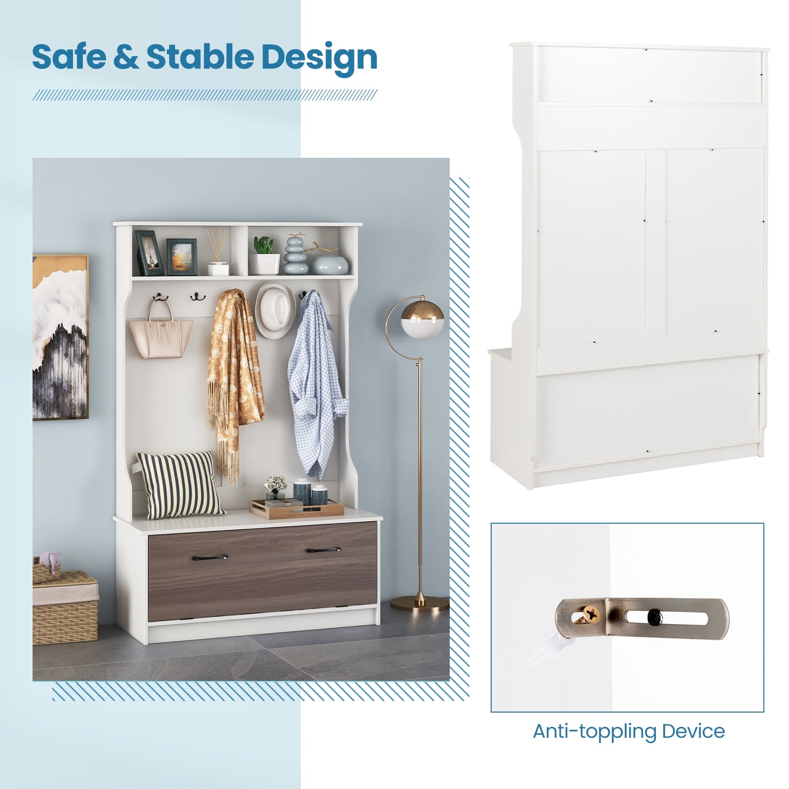 3 in 1 Coat Rack with Entryway Bench and Hooks and Enclosed Cabinet, White Coat Racks & Hall Trees at Gallery Canada
