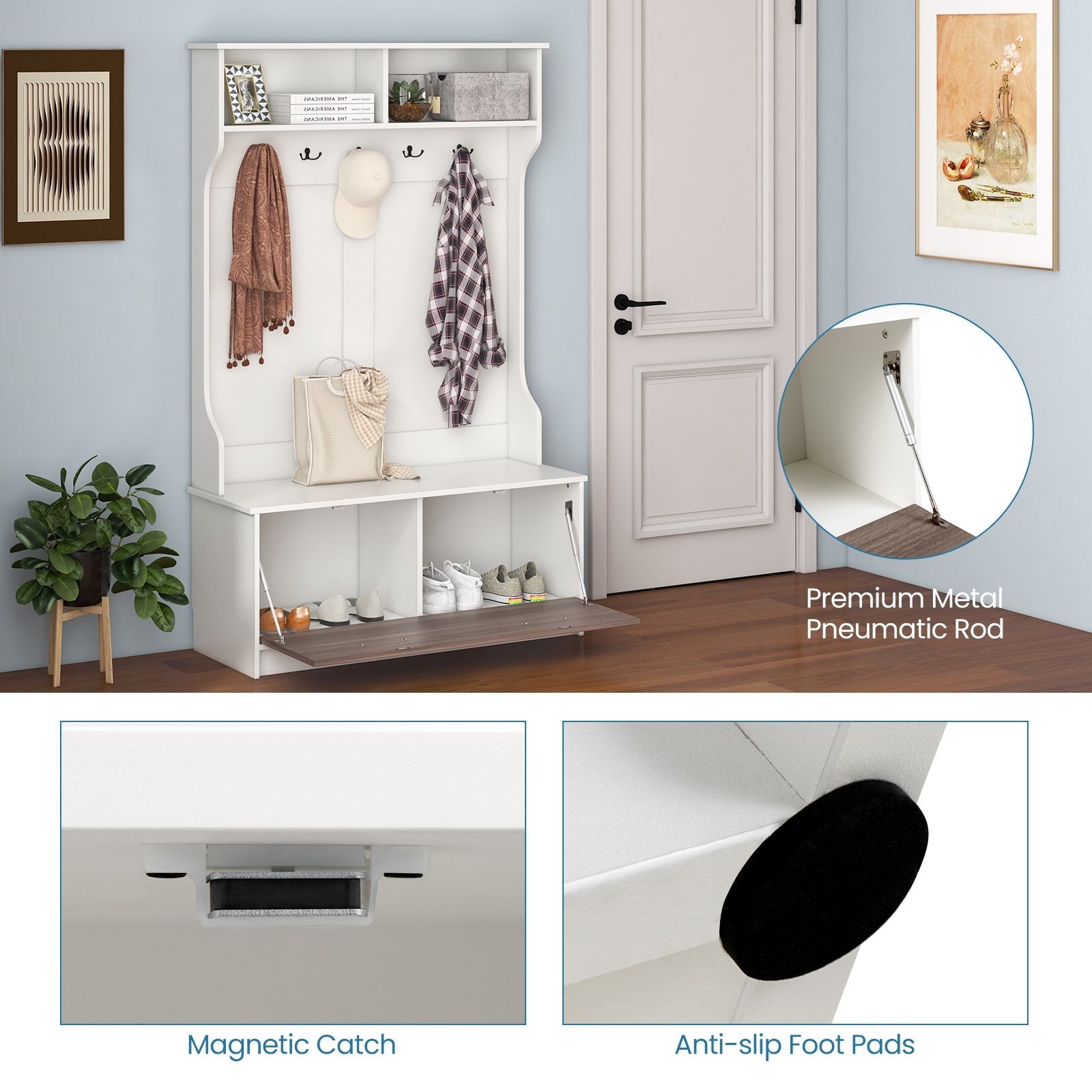 3 in 1 Coat Rack with Entryway Bench and Hooks and Enclosed Cabinet, White Coat Racks & Hall Trees   at Gallery Canada