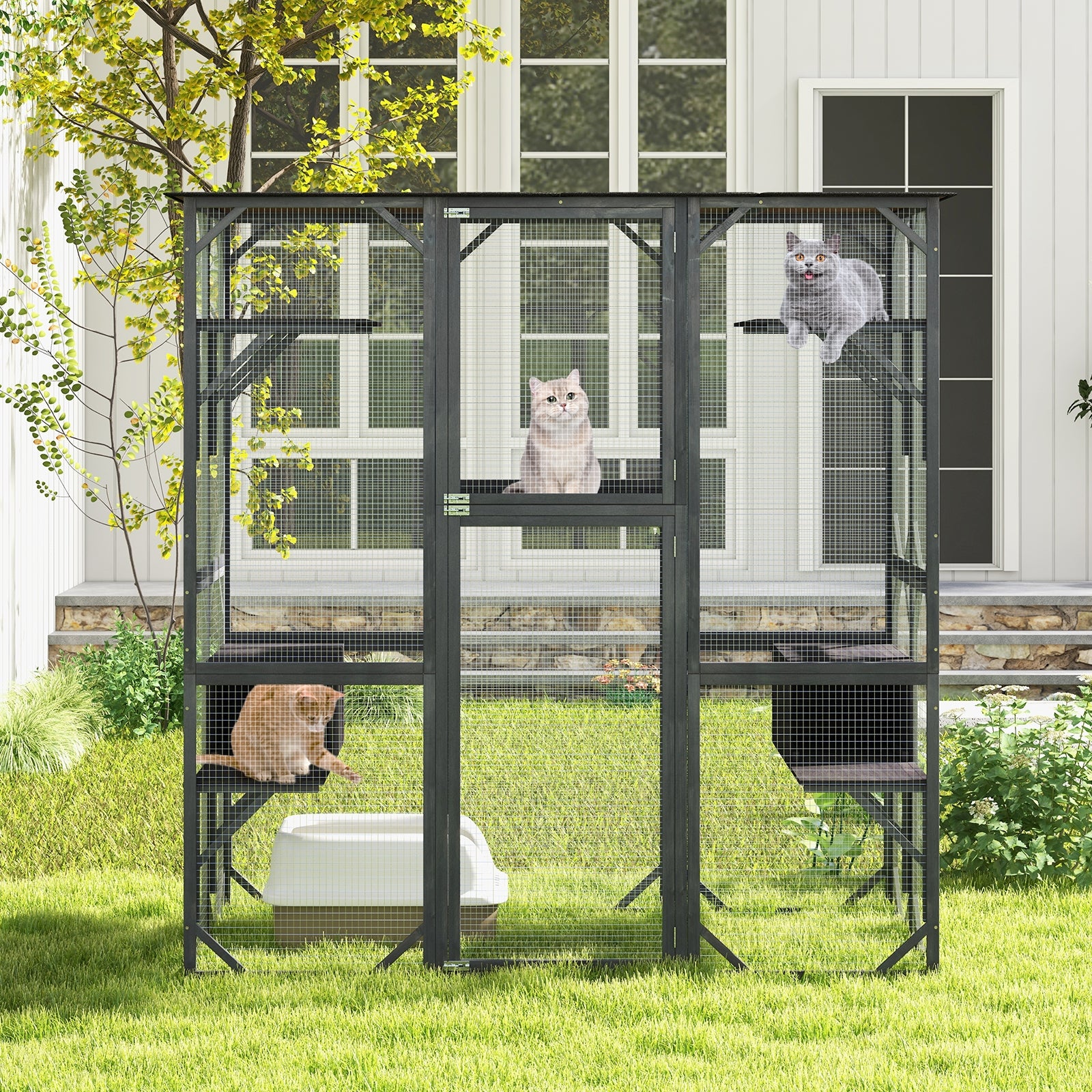 71 Inches Tall Outdoor Wooden Cat House with Weatherproof Asphalt Roof, Gray Cat Houses   at Gallery Canada