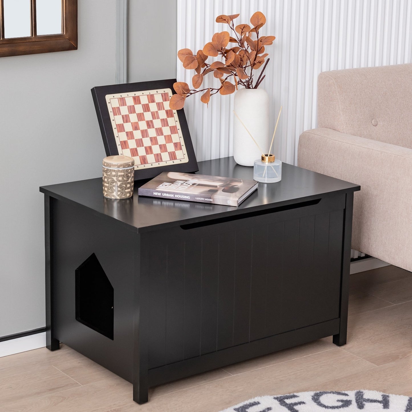 Wooden Cat Litter Box Enclosure with Top Opening Side Table, Black Cat Houses   at Gallery Canada