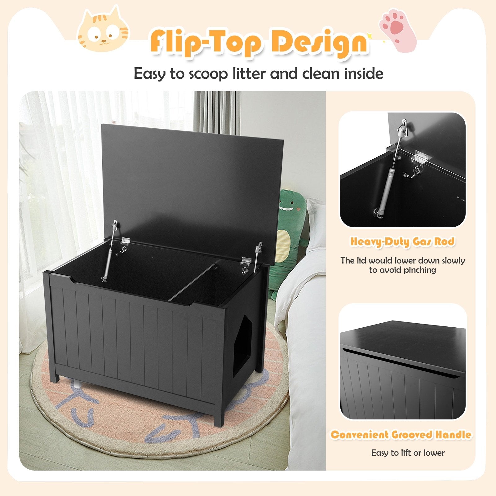 Wooden Cat Litter Box Enclosure with Top Opening Side Table, Black Cat Houses   at Gallery Canada