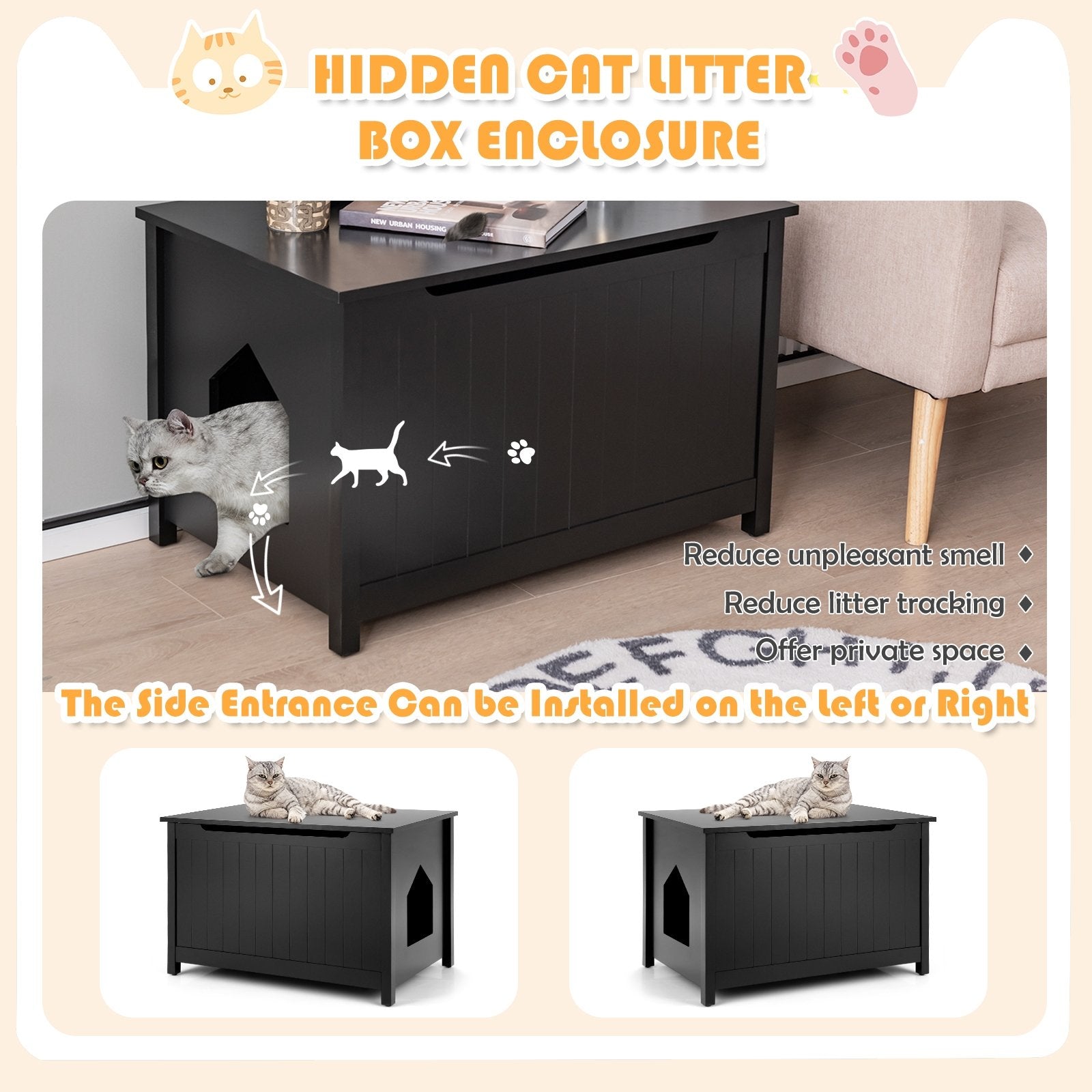 Wooden Cat Litter Box Enclosure with Top Opening Side Table, Black Cat Houses   at Gallery Canada