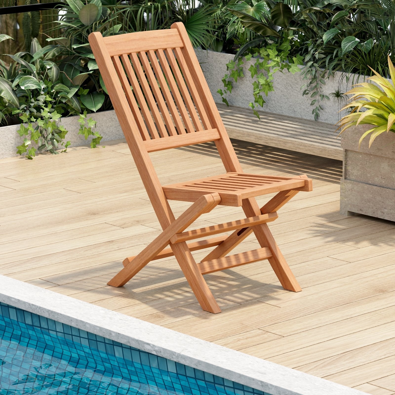 Indonesia Teak Wood Patio Folding Dining Chair with Slatted Seat, Natural Patio Dining Chairs   at Gallery Canada