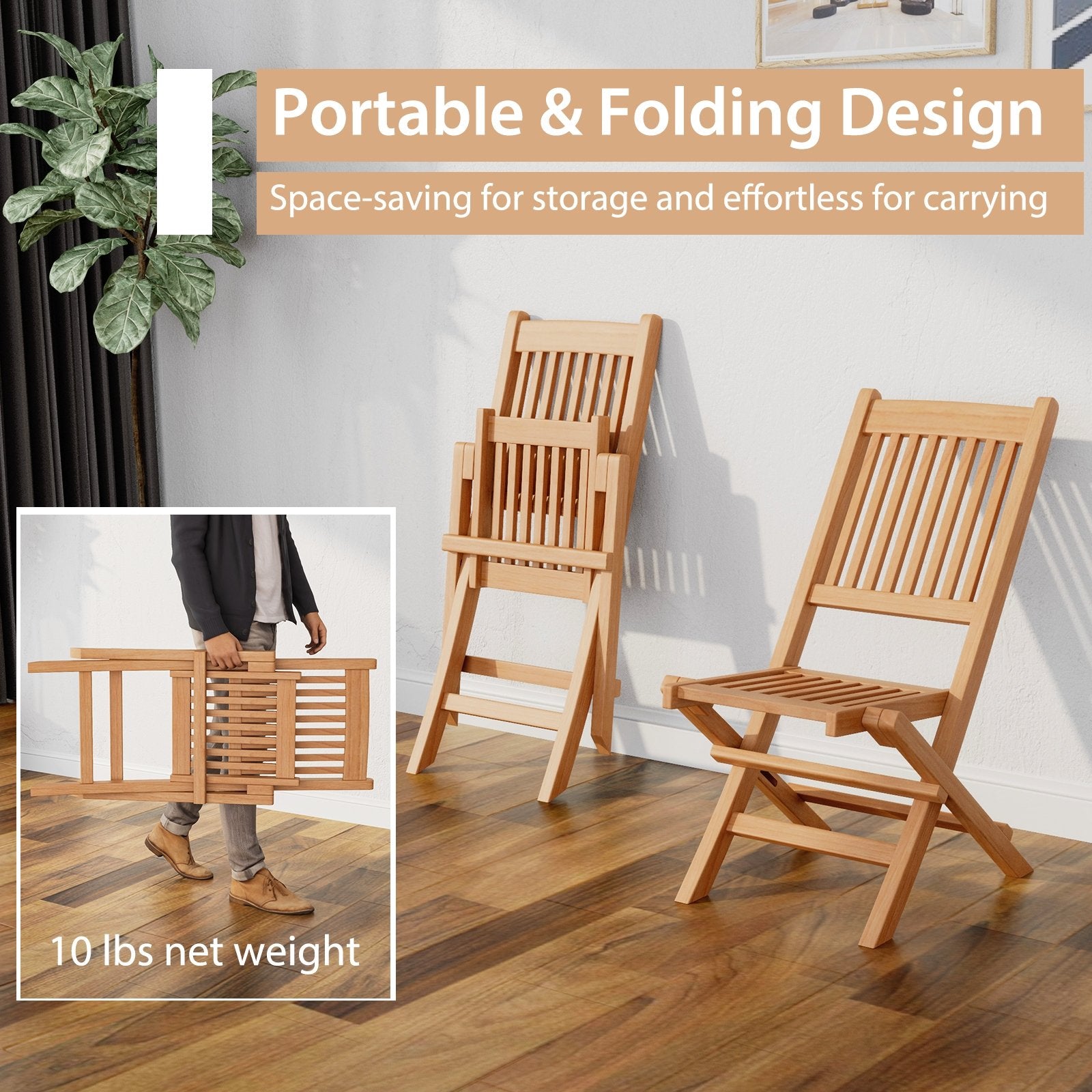 Indonesia Teak Wood Patio Folding Dining Chair with Slatted Seat, Natural Patio Dining Chairs   at Gallery Canada