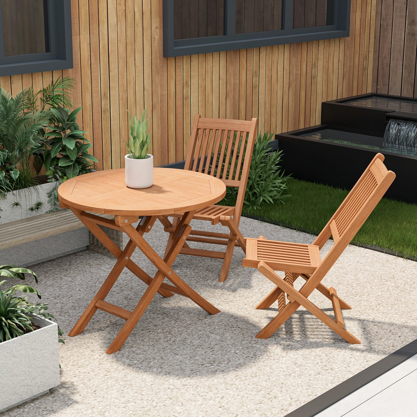 31.5 Inch Folding Patio Indonesia Teak Wood Round Coffee Table, Natural Patio Coffee Tables   at Gallery Canada