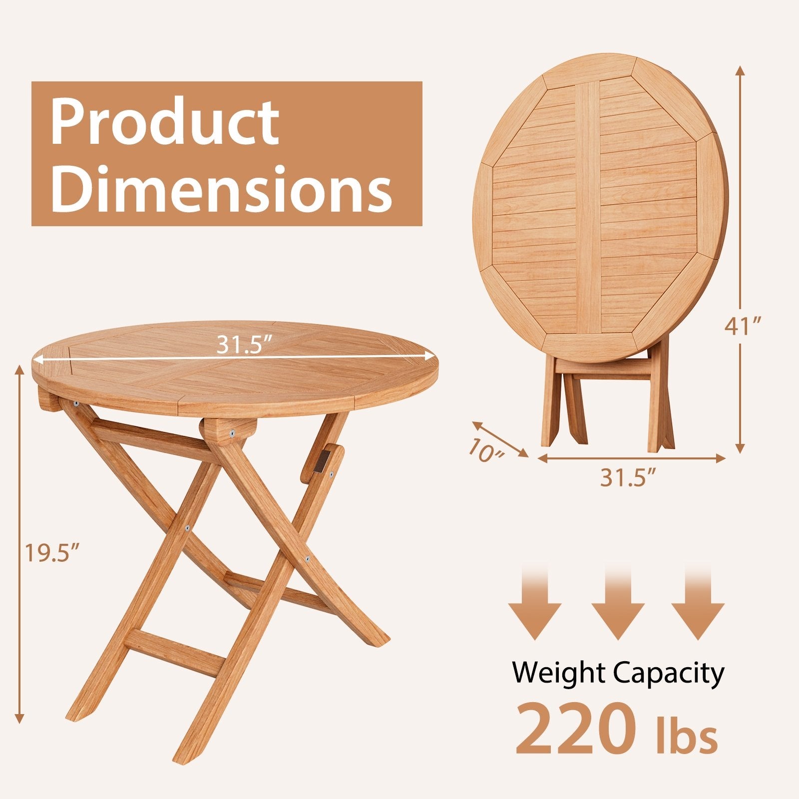 31.5 Inch Folding Patio Indonesia Teak Wood Round Coffee Table, Natural Patio Coffee Tables   at Gallery Canada