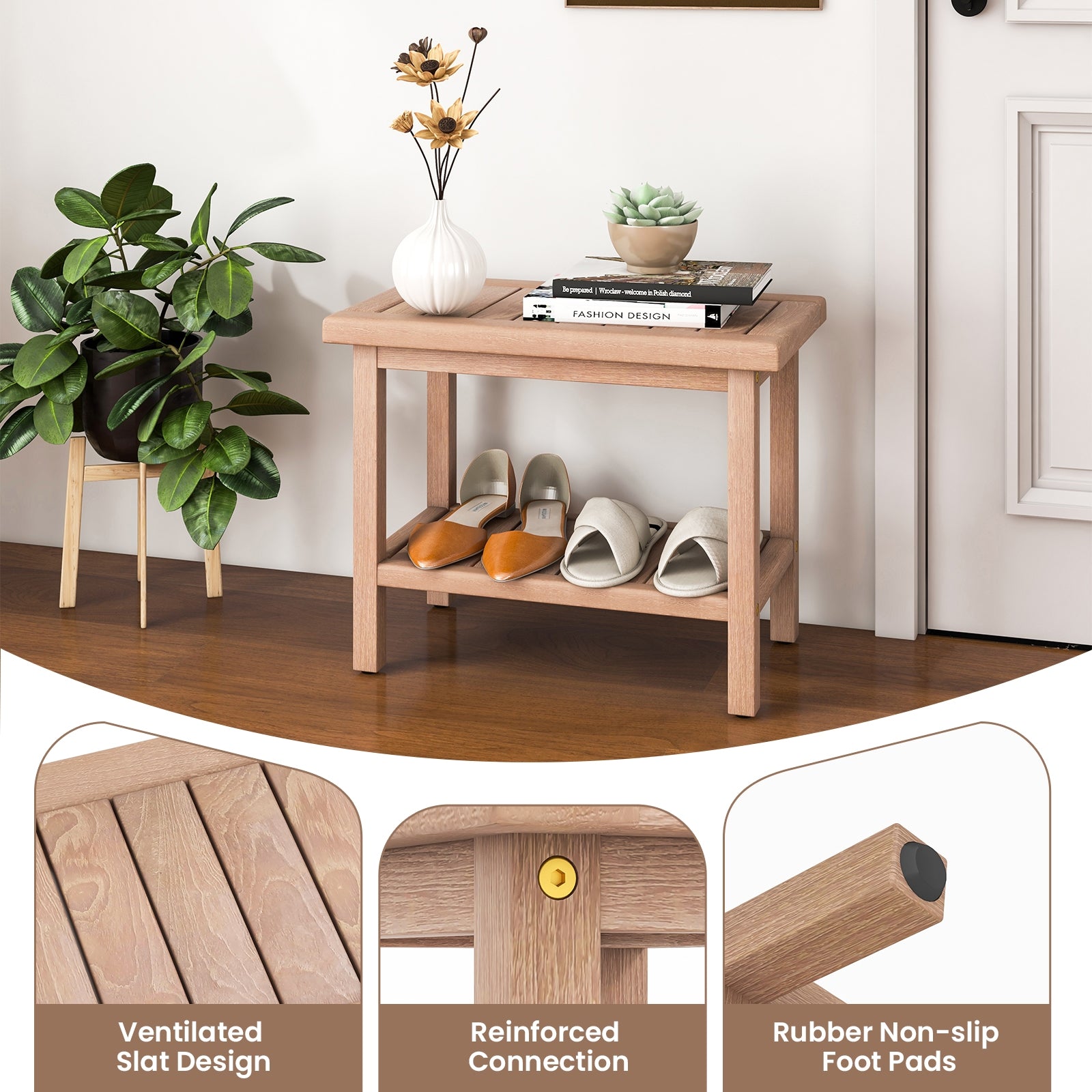 21 Inches Teak Shower Bench with Storage Shelf, Natural Bath Safety at Gallery Canada