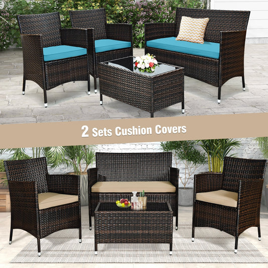 4 Pieces Comfortable Outdoor Rattan Sofa Set with Glass Coffee Table, Beige & Turquoise Patio Conversation Sets   at Gallery Canada