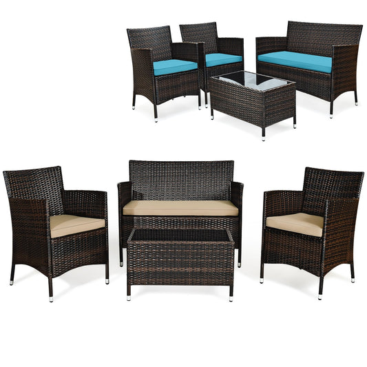 4 Pieces Comfortable Outdoor Rattan Sofa Set with Glass Coffee Table, Beige & Turquoise Patio Conversation Sets   at Gallery Canada