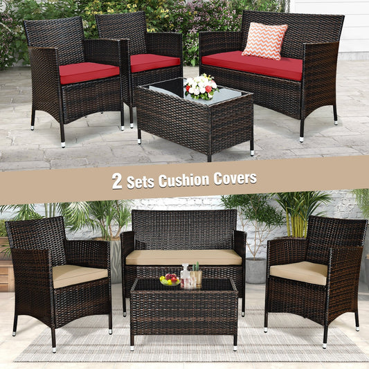 4 Pieces Comfortable Outdoor Rattan Sofa Set with Glass Coffee Table, Beige & Red Patio Conversation Sets   at Gallery Canada