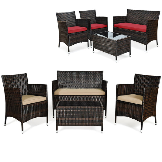 4 Pieces Comfortable Outdoor Rattan Sofa Set with Glass Coffee Table, Beige & Red Patio Conversation Sets   at Gallery Canada