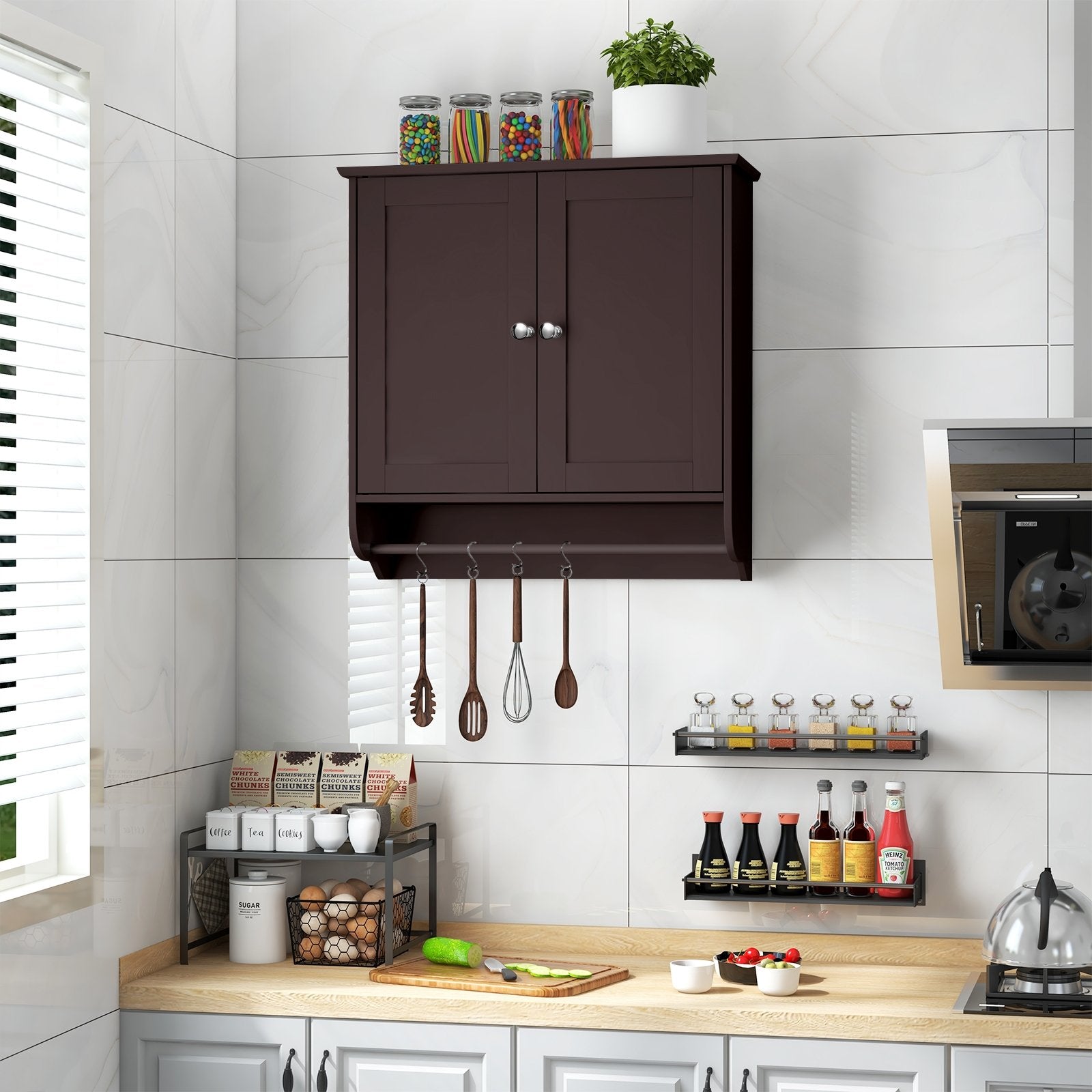 Wall Mounted Bathroom Storage Medicine Cabinet with Towel Bar, Brown Wall Cabinets   at Gallery Canada