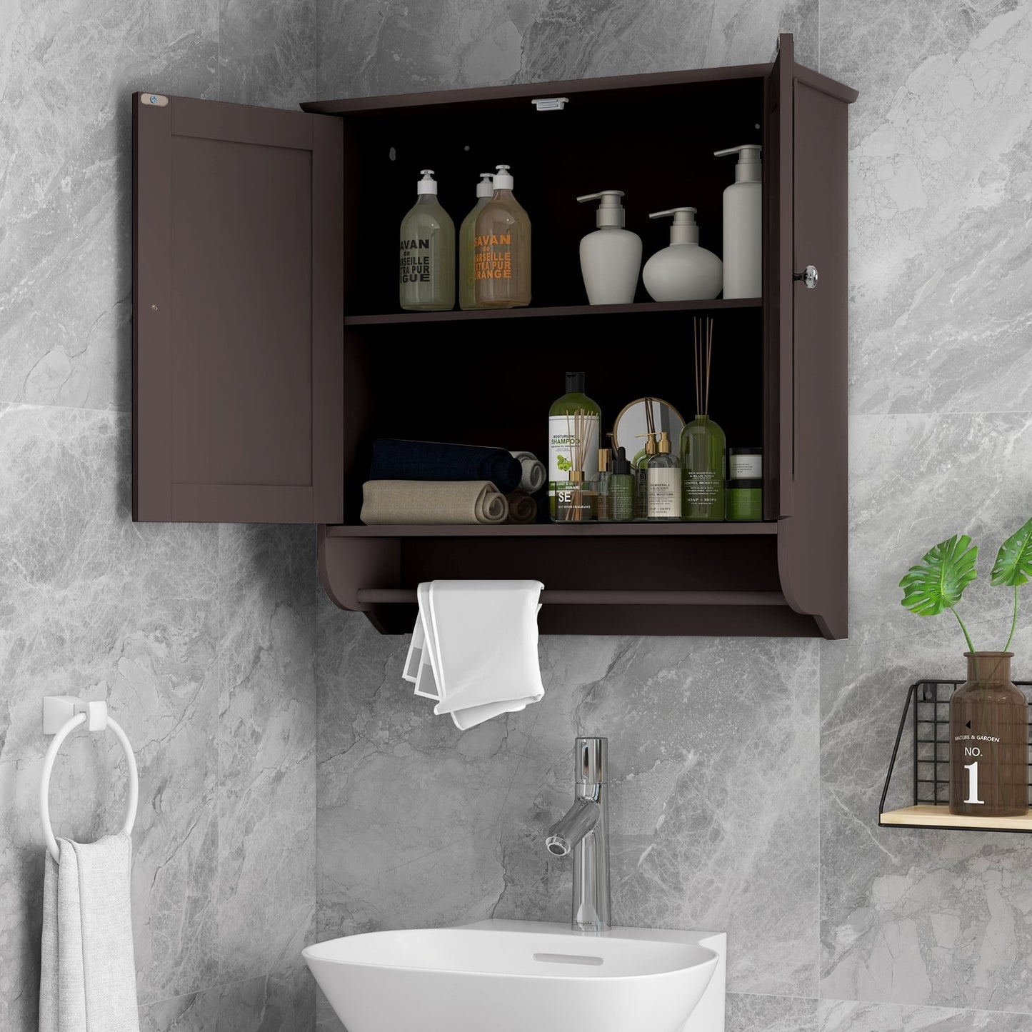 Wall Mounted Bathroom Storage Medicine Cabinet with Towel Bar, Brown Wall Cabinets   at Gallery Canada