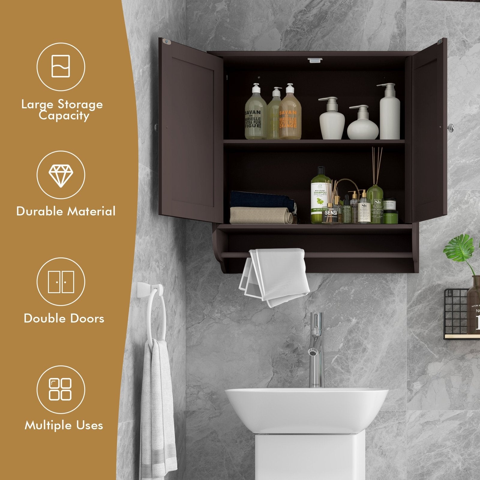 Wall Mounted Bathroom Storage Medicine Cabinet with Towel Bar, Brown Wall Cabinets   at Gallery Canada