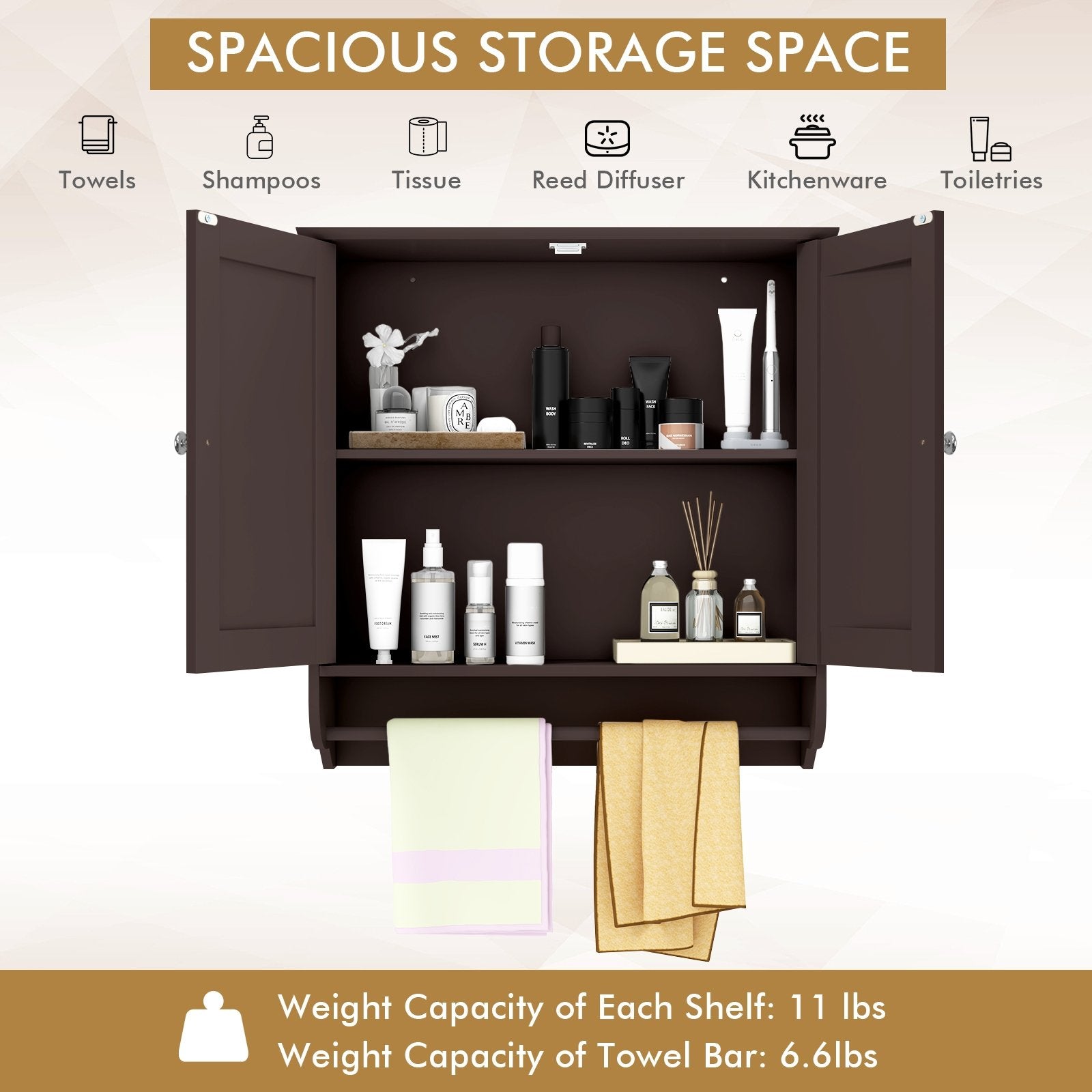 Wall Mounted Bathroom Storage Medicine Cabinet with Towel Bar, Brown Wall Cabinets   at Gallery Canada