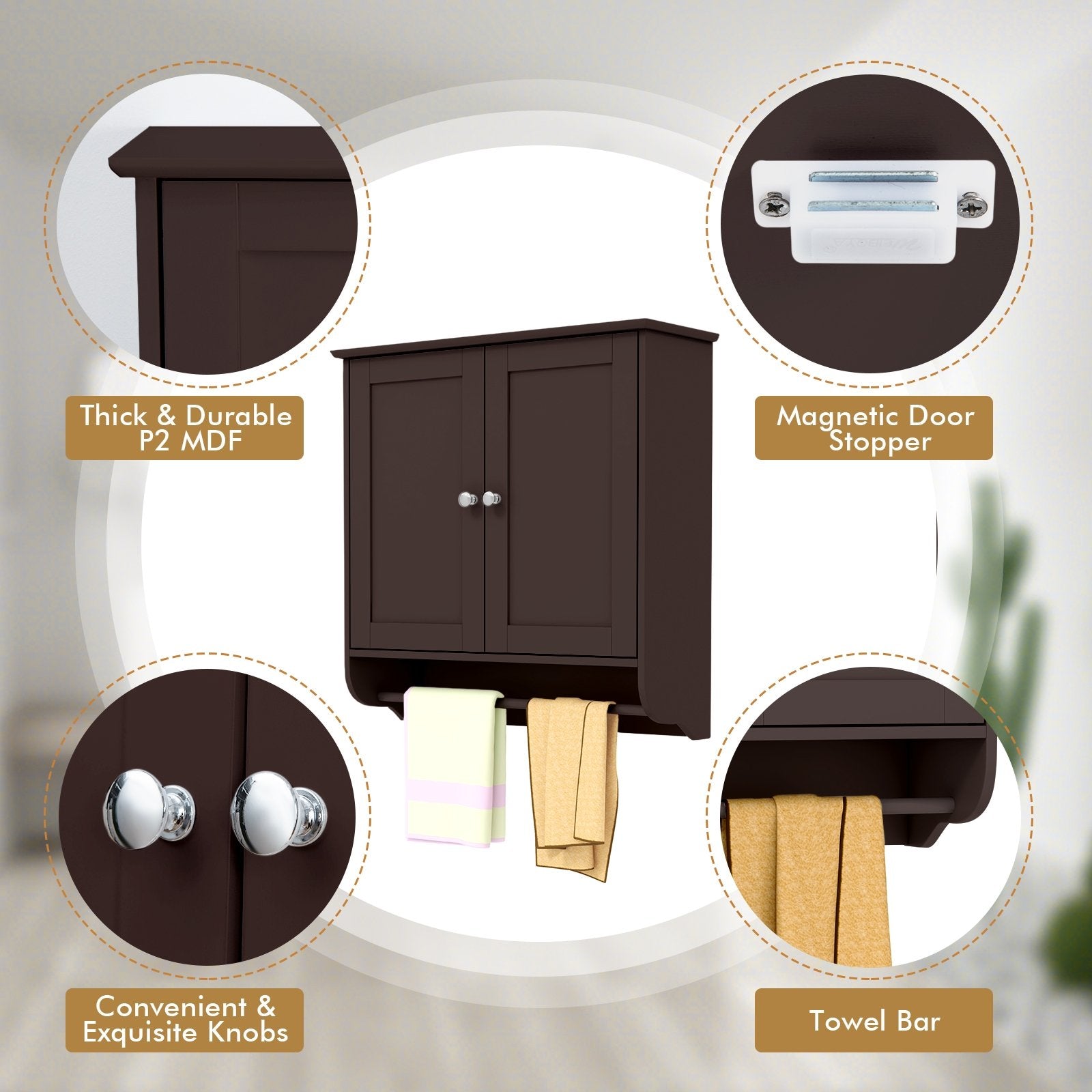 Wall Mounted Bathroom Storage Medicine Cabinet with Towel Bar, Brown Wall Cabinets   at Gallery Canada