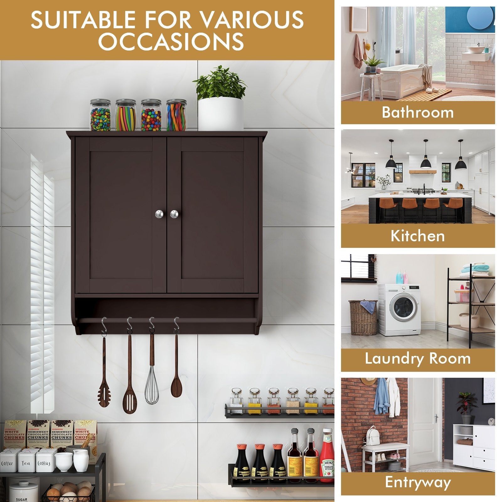 Wall Mounted Bathroom Storage Medicine Cabinet with Towel Bar, Brown Wall Cabinets   at Gallery Canada