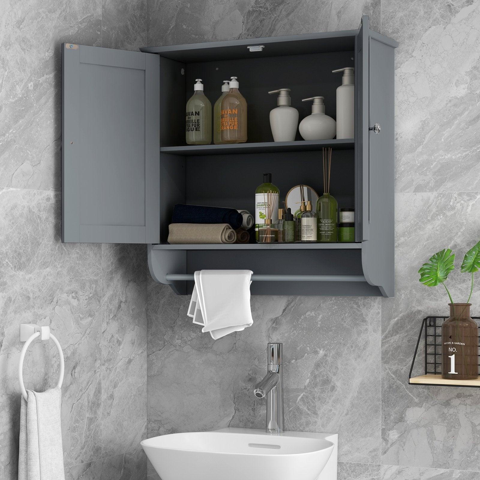 Wall Mounted Bathroom Storage Medicine Cabinet with Towel Bar, Gray Wall Cabinets   at Gallery Canada