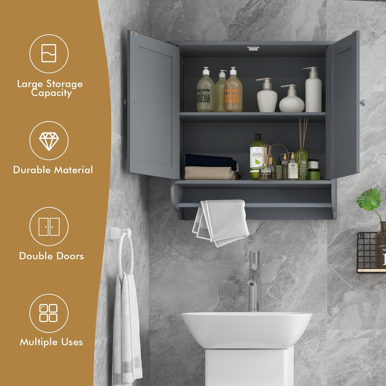 Wall Mounted Bathroom Storage Medicine Cabinet with Towel Bar, Gray Wall Cabinets   at Gallery Canada