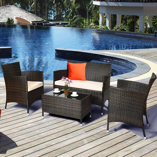 4 Pieces Comfortable Outdoor Rattan Sofa Set with Glass Coffee Table, Beige & Gray