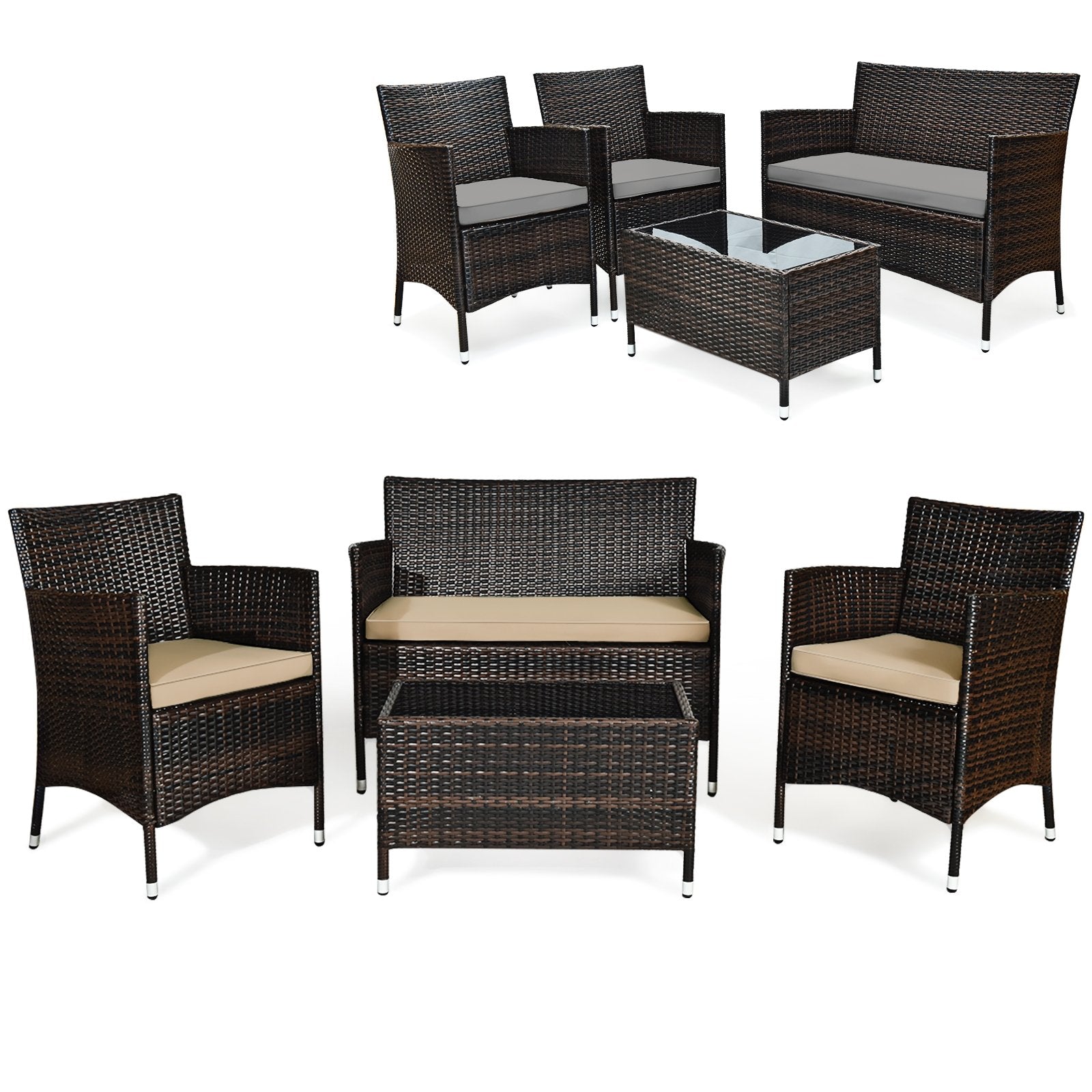 4 Pieces Comfortable Outdoor Rattan Sofa Set with Glass Coffee Table, Beige & Gray Patio Conversation Sets   at Gallery Canada