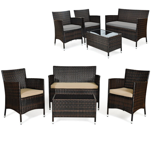 4 Pieces Comfortable Outdoor Rattan Sofa Set with Glass Coffee Table, Beige & Gray