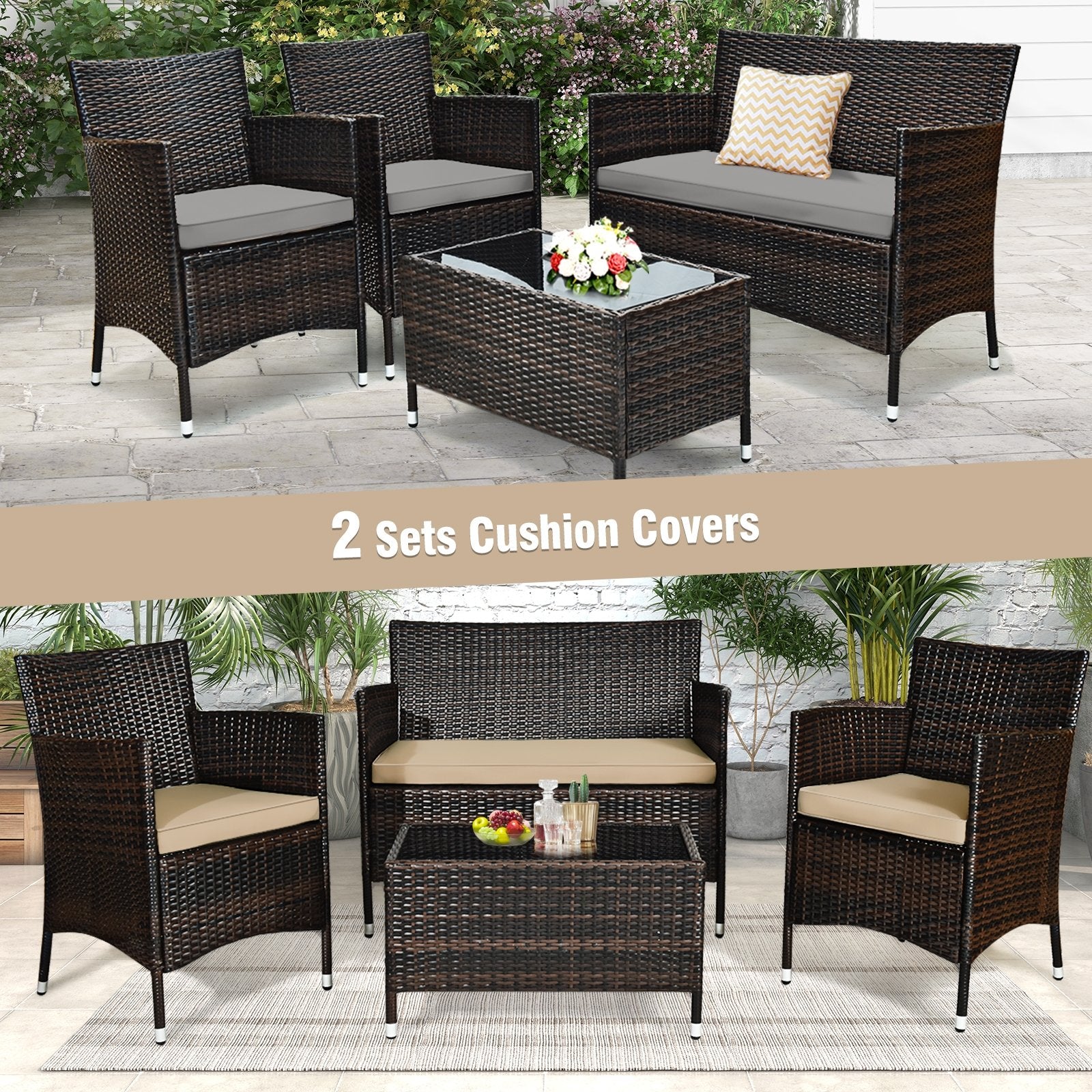 4 Pieces Comfortable Outdoor Rattan Sofa Set with Glass Coffee Table, Beige & Gray Patio Conversation Sets   at Gallery Canada