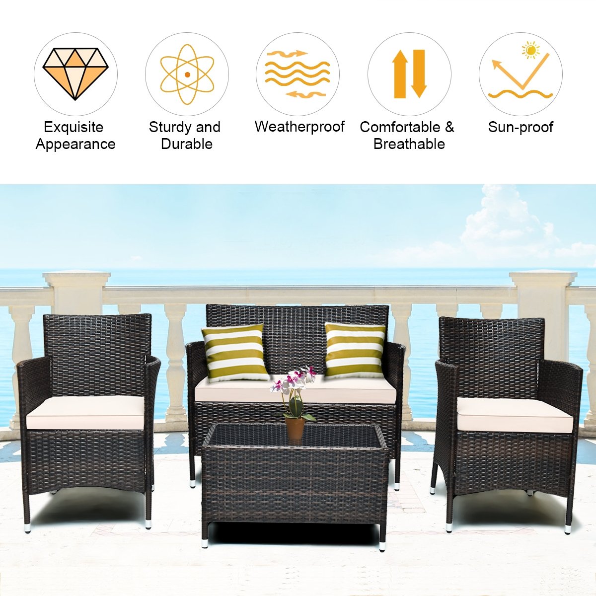 4 Pieces Comfortable Outdoor Rattan Sofa Set with Glass Coffee Table, Beige & Gray Patio Conversation Sets   at Gallery Canada