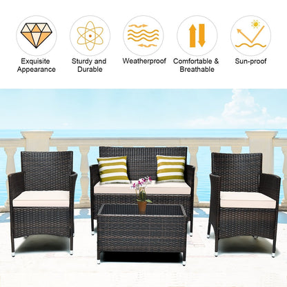 4 Pieces Comfortable Outdoor Rattan Sofa Set with Glass Coffee Table, Beige & Gray Patio Conversation Sets   at Gallery Canada