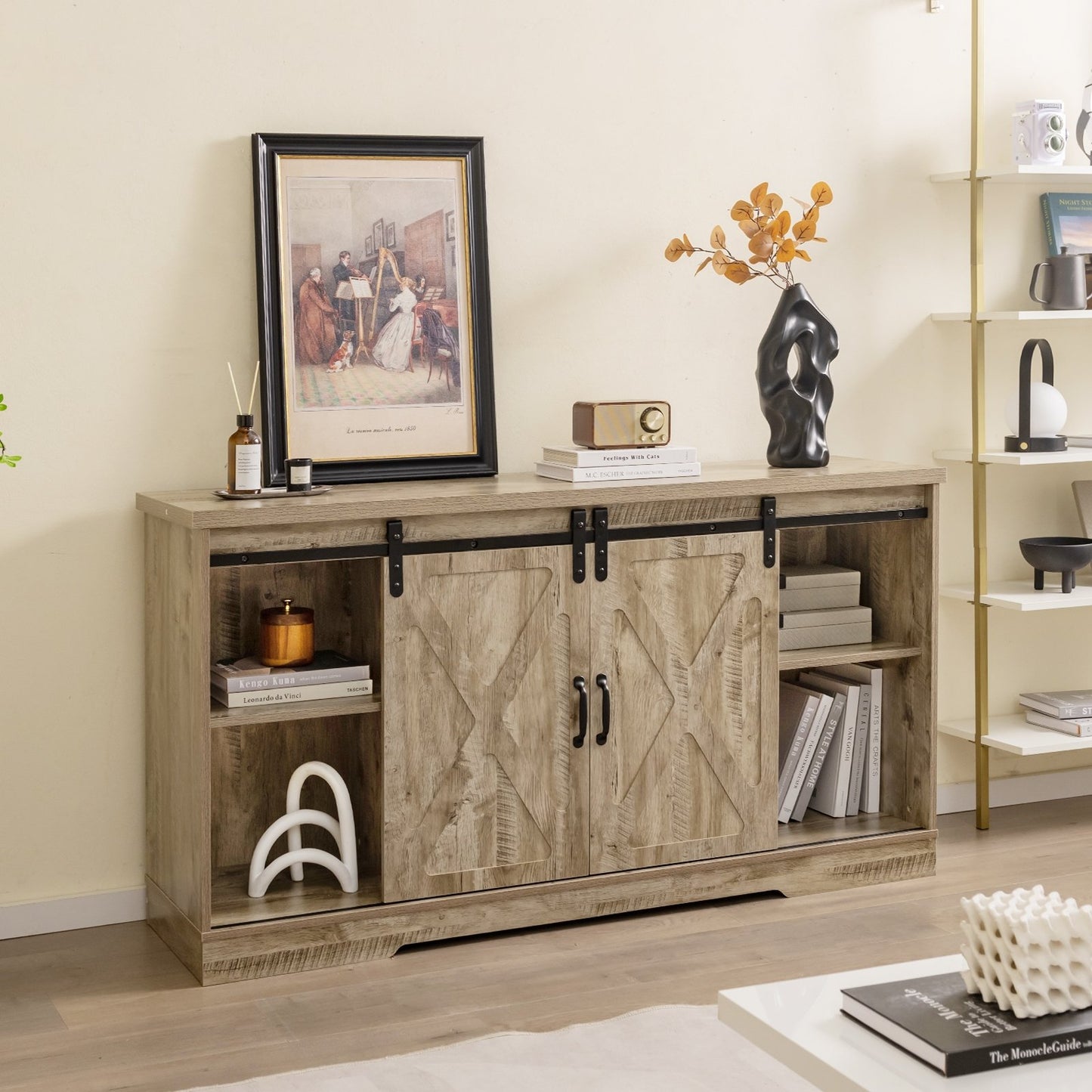 Farmhouse Entertainment Center with Adjustable Shelves and Storage Cabinet, Gray - Gallery Canada