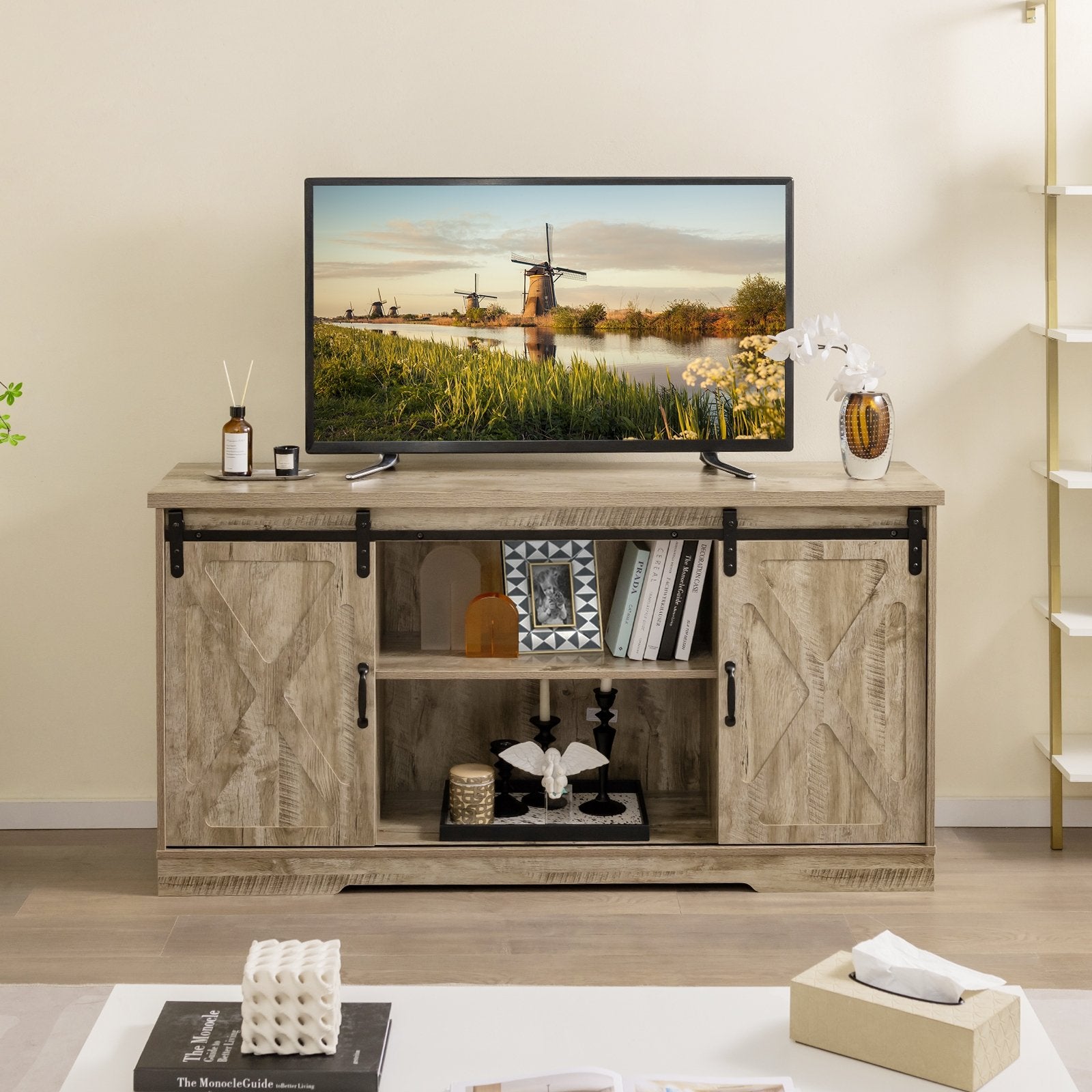 Farmhouse Entertainment Center with Adjustable Shelves and Storage Cabinet, Gray Entertainment Centers & TV Stands   at Gallery Canada